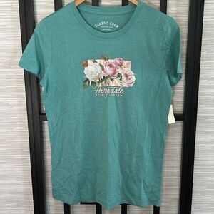 NWT Aeropostale green T-shirt classic crew with roses rose gold size L